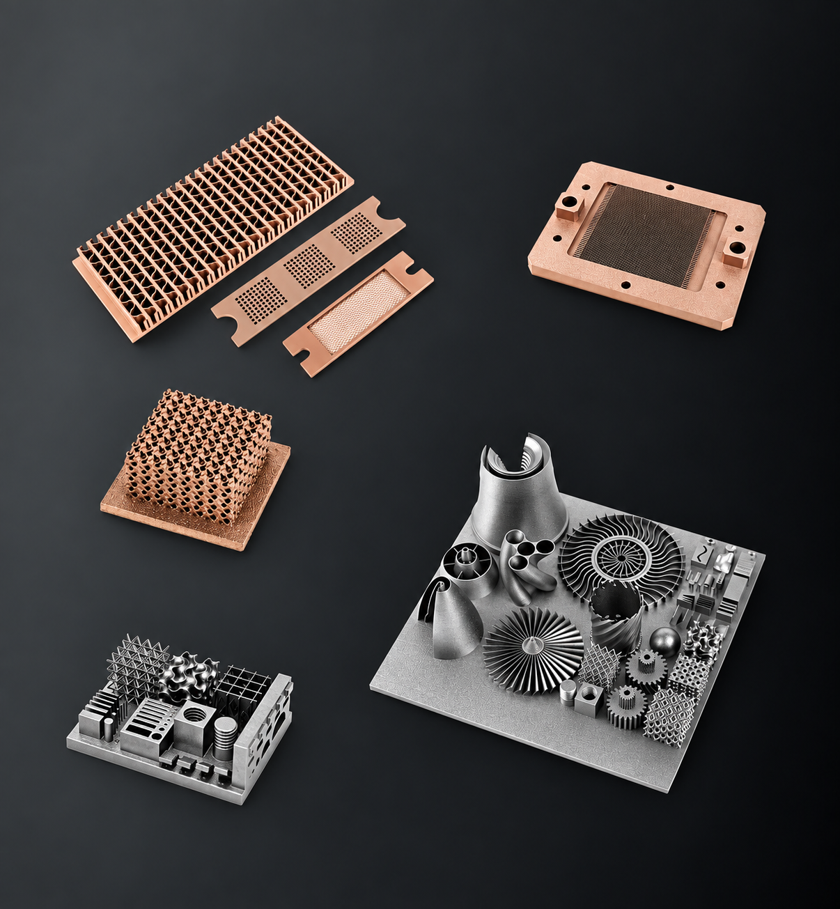 Metal additive manufacturing examples with lattice, thermal, and complex structural features