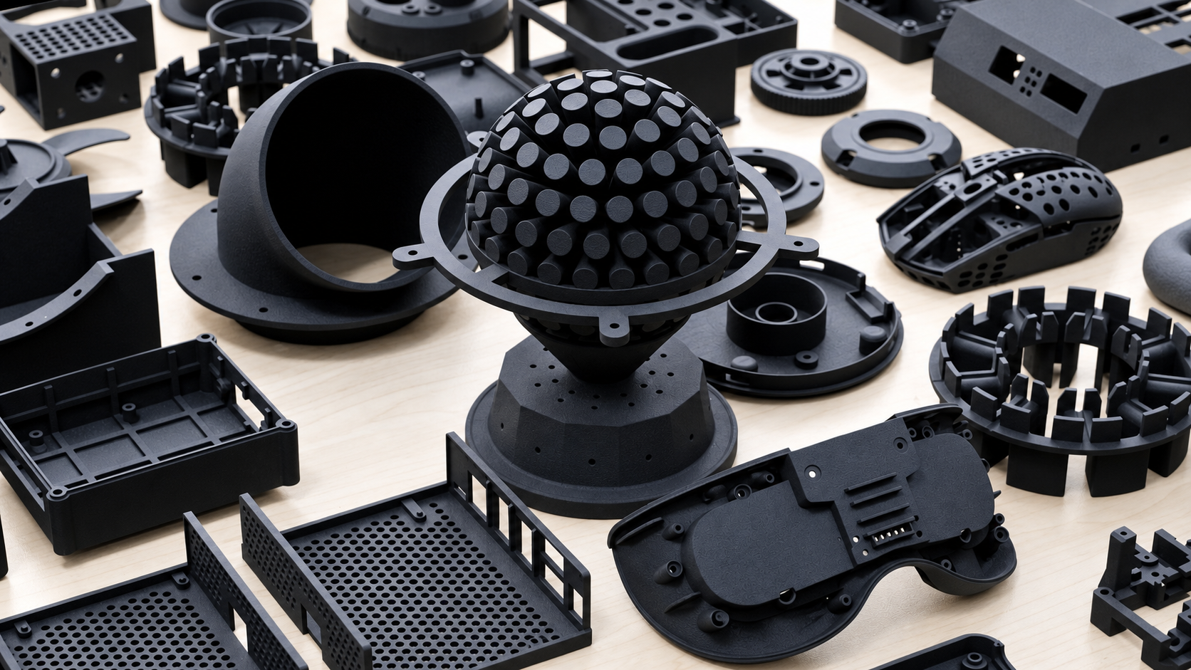 Collection of black nylon 3D printed functional parts with complex geometries