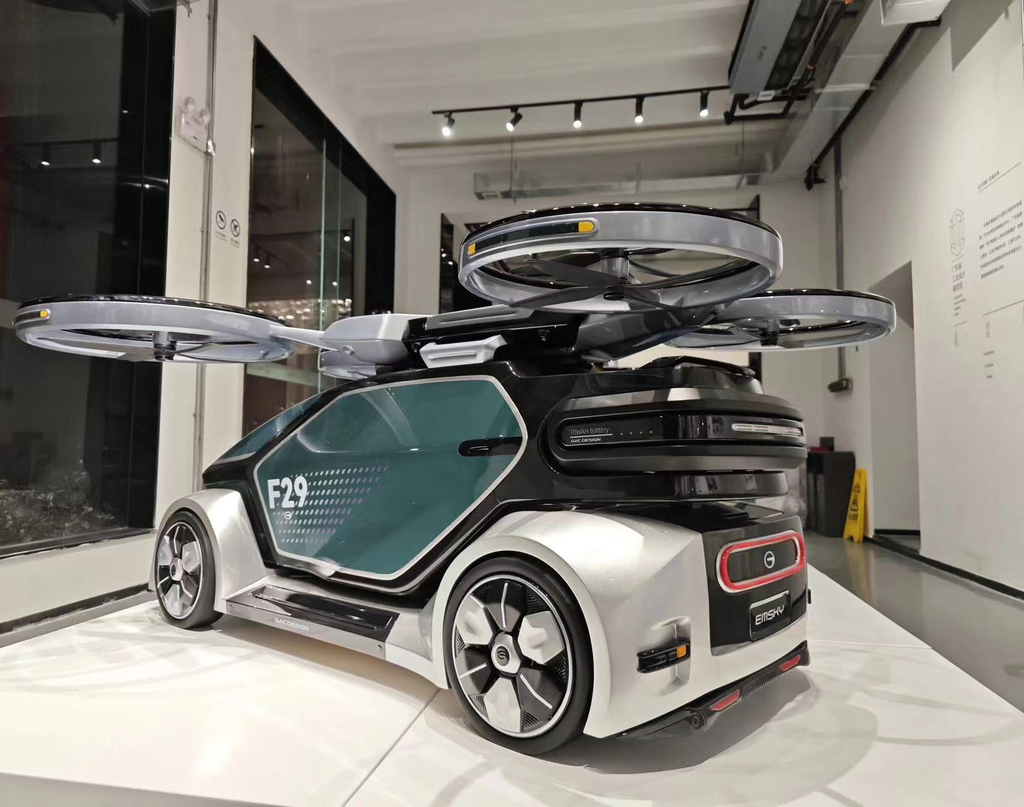 Flying vehicle concept presentation model with rotors, wheels and detailed bodywork