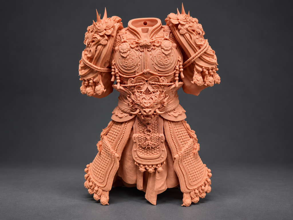 Red wax printed dragon armor model with fine relief and ornamental details